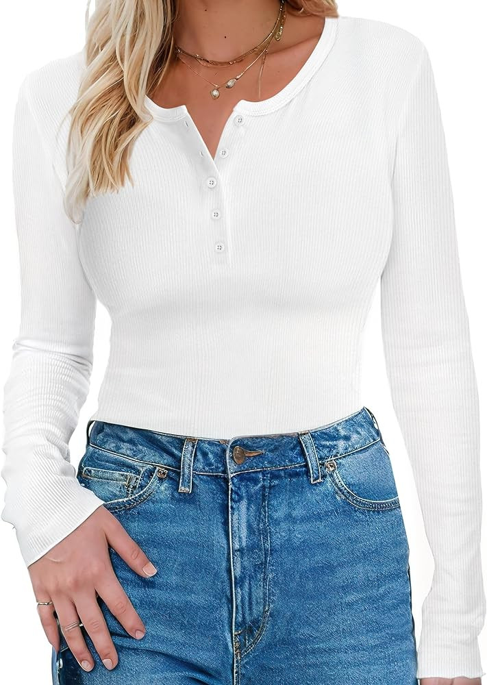 Long Sleeve Shirts for Women, Casual Solid Henley Tops Button Down Shirts, V Neck Blouses Basic R... | Amazon (US)