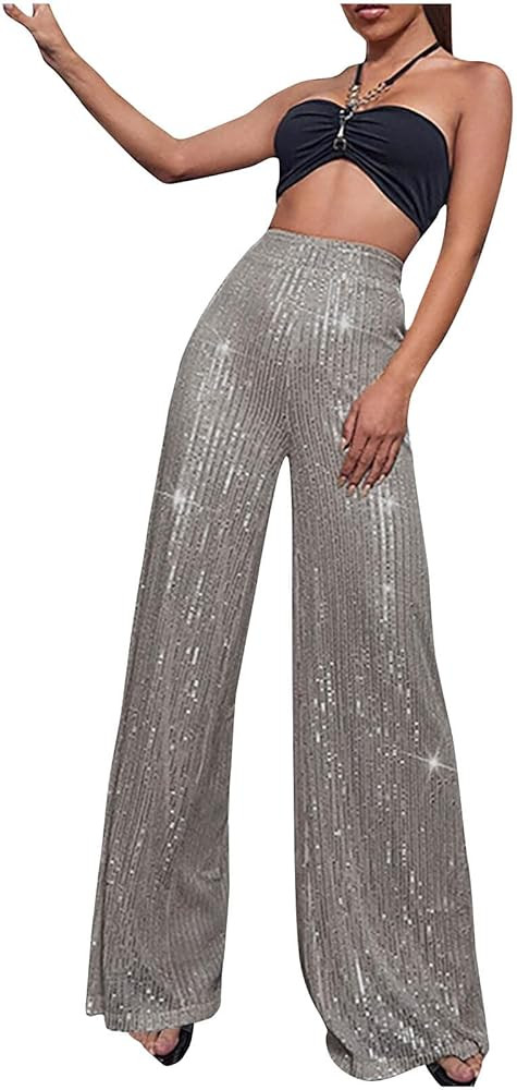 Womens Floral Sequin Pants Dressy Wide Leg Elegant High Waisted Trousers Ladies Trendy Cocktail E... | Amazon (US)