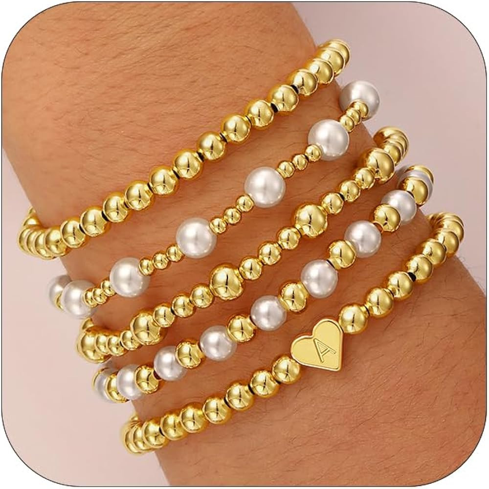 Gold Beaded and Pearl Bracelets for Women, 18K Gold Plated Heart Initial A-Z Stretch Bead Ball St... | Amazon (US)