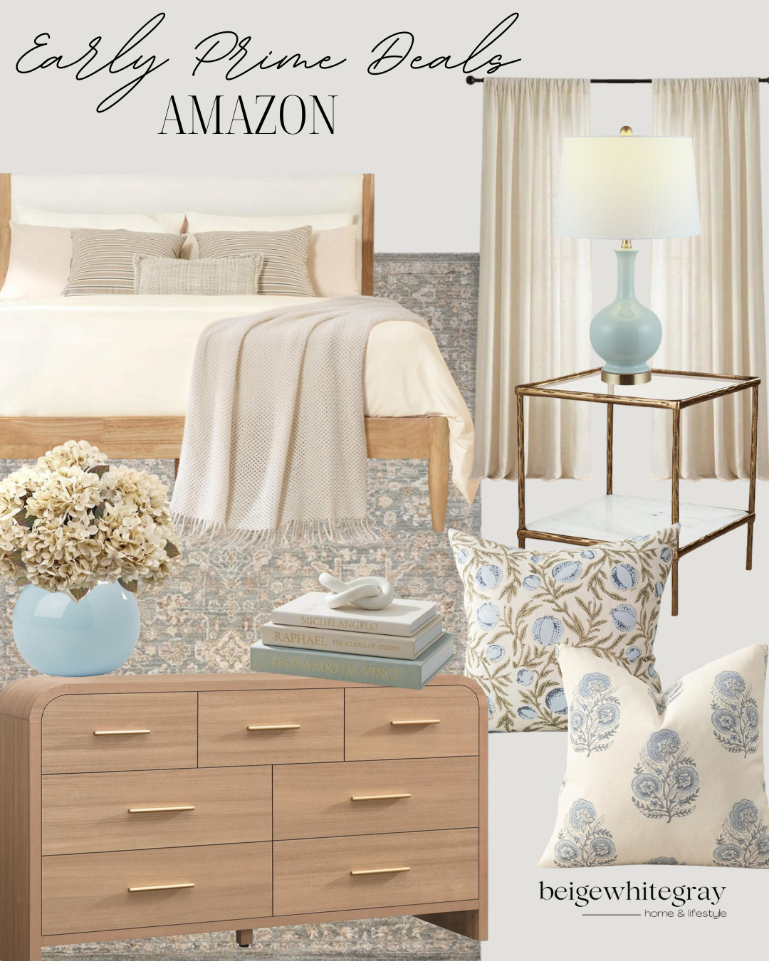 Amazon Prime Day Early deals, prime day 2026, amazon prime day, Amazon Prime Day deals, bedroom decor ideas, neutral bedroom, blue and white decor, upholstered bed, wood bed frame, linen curtains, cream curtains, bedside table, gold accent table, blue table lamp, floral throw pillows, blue floral pillow, chinoiserie pillow, hydrangea arrangement, decorative books, modern dresser, wood dresser, brass hardware furniture, bedroom styling, cottage inspired decor, traditional modern decor, Nancy Meyers style decor, cozy bedroom ideas, Amazon bedroom finds, affordable home decor, designer look for less, beige white gray home

#LTKHome #LTKSaleAlert