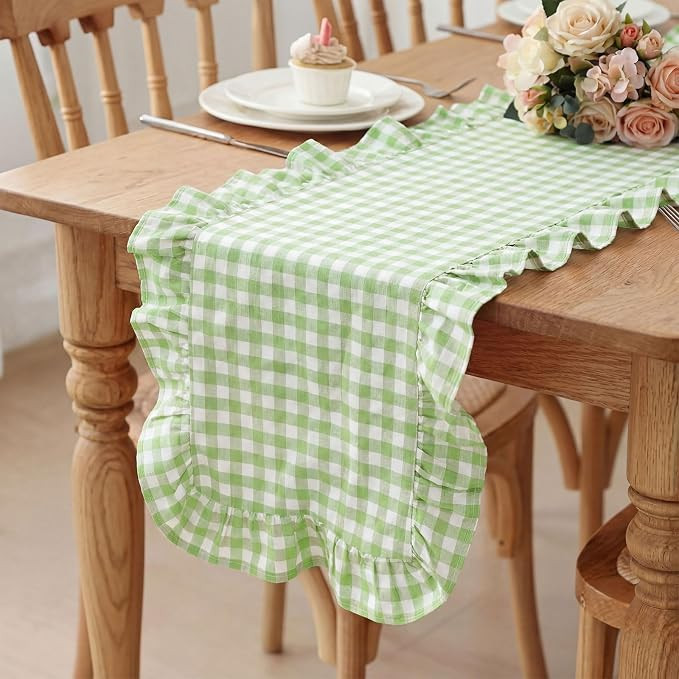 HunnmingRe 1 Pcs Light Green Plaid Gingham Ruffle Table Runner 72 x 13.8'' Farmhouse Table Runner... | Amazon (US)