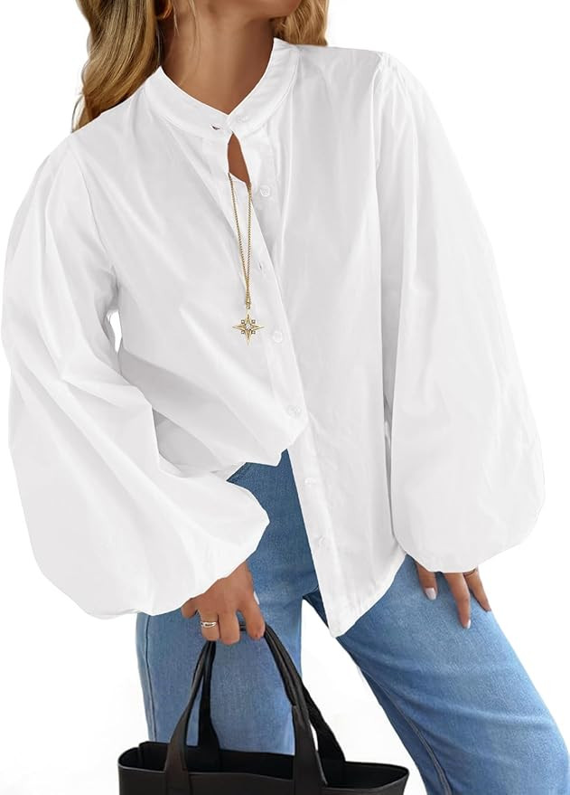 Tankaneo Womens Lantern Sleeve Button Down Shirts Oversized Mock Neck Blouse Trendy Casual Loose ... | Amazon (US)