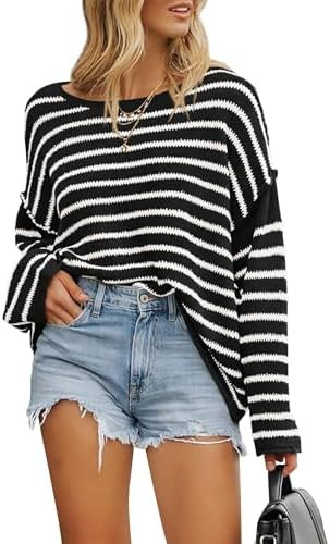 BTFBM Women's Striped Knit Sweaters 2026 Spring Fall Boat Neck Off Shoulder Long Sleeve Oversized... | Amazon (US)