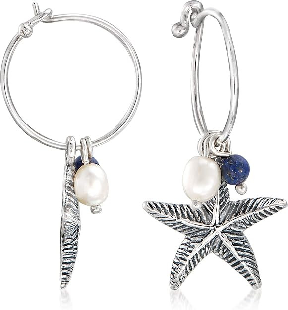 Ross-Simons Cultured Pearl and Lapis Starfish Hoop Drop Earrings in Sterling Silver | Amazon (US)