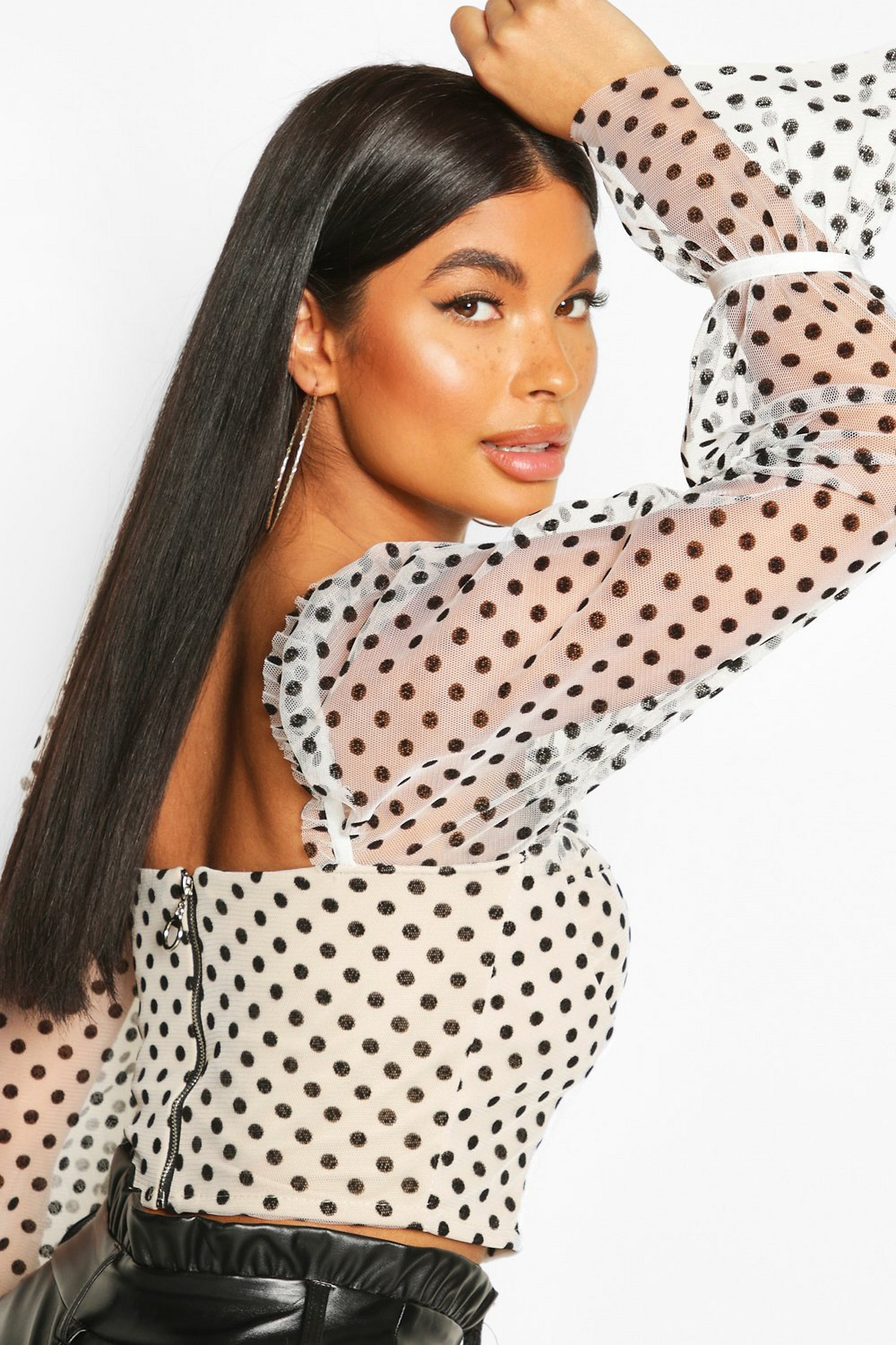 Petite Puff Sleeve Spot Mesh Crop Top | Boohoo.com (US & CA)