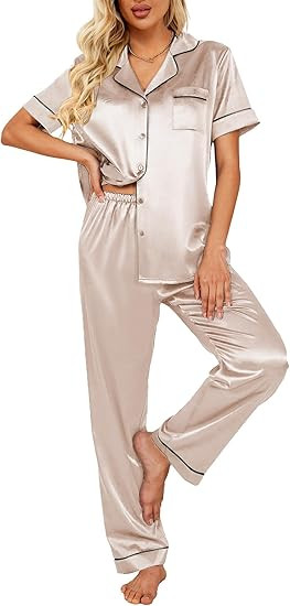 Ekouaer Pyjamas for Women Satin Pjs Set Two Piece Silk Pyjamas for Ladies Button Down Sleepwear L... | Amazon (UK)