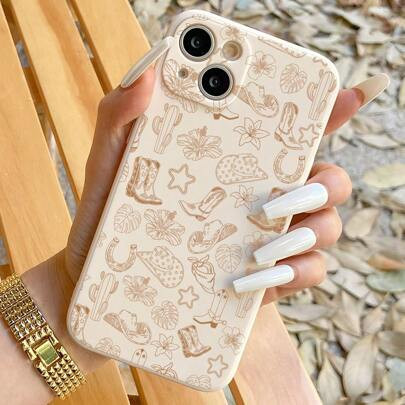 Apple Western 1pc Vintage Style Hibiscus Flower & Boot Pattern Soft Silicone Protective Phone Case Compatible With IPhone 11/12/13/14/15 Pro Max | SHEIN