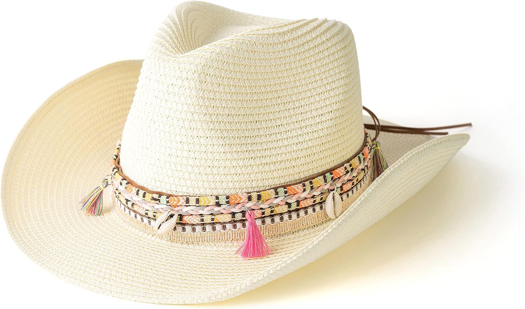 Gossifan Women's Woven Straw Cowboy Hat w/Beaded Trim Band Hat Beach Holiday Sun Hats | Amazon (US)