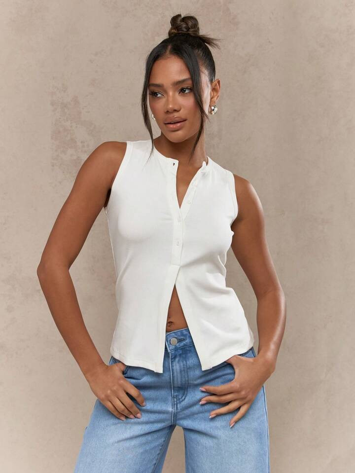 MISSGUIDED Music Festival Button Down Sleeveless Tank Top | SHEIN