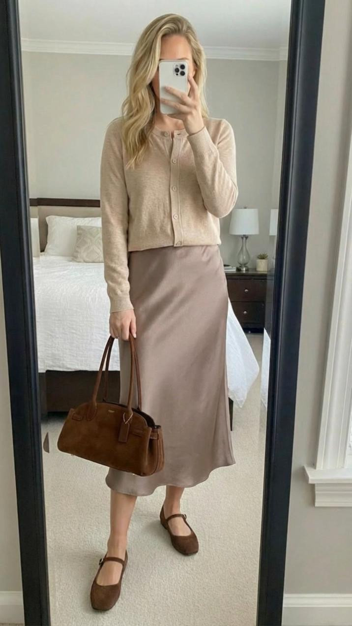 This outfit is the definition of **quiet, effortless elegance** 🤍

The soft beige cardigan paired with a silky taupe midi skirt creates that timeless, neutral look that always feels polished without being overdone. I love how the cardigan adds a cozy, approachable layer while still looking refined — it’s the kind of piece you reach for again and again because it works for so many occasions. Buttoned up like this, it feels classic and intentional, but it could just as easily be worn open with a tank for a more relaxed vibe.

The satin skirt is what really elevates the look. It moves beautifully, adds subtle shine, and instantly makes the outfit feel dressy without sacrificing comfort. Paired with warm brown accessories — the structured handbag and the dainty Mary Jane flats — everything feels cohesive, soft, and thoughtfully styled. The brown tones add warmth and keep the outfit from feeling too stark or plain.

This is one of those outfits that works for so many moments: brunch, errands, casual meetings, church, or even a low-key date when you want to look put-together but not overdressed. It’s feminine, comfortable, and effortlessly chic — the kind of outfit that makes you feel calm, confident, and quietly stylish the moment you put it on.

If you love neutral outfits that feel classic, wearable, and timeless, this combo is a must-save 🤎

**Keywords:** neutral outfit, satin midi skirt outfit, cardigan outfit, quiet luxury style, classic feminine look, casual chic outfit, capsule wardrobe, everyday elegance, minimalist style, timeless fashion


#LTKgrwm #LTKdayinmylife #LTKmorningroutine