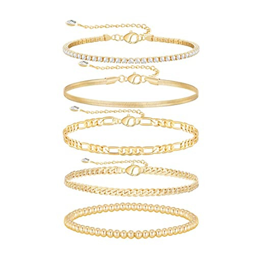 MOROTOLE 5 Pcs Gold Chain Bracelets Set for Women–14K Gold Plated Handmade Dainty Tennis Paperclip Layered Link Beads Bracelet Jewelry Gifts | Amazon (US)