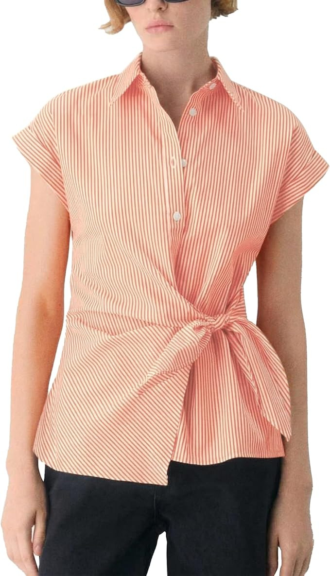 Hixiaohe Womens Sleeveless Button Down Shirts Casual Striped Collared Tank Tops Front Tie Waist O... | Amazon (US)