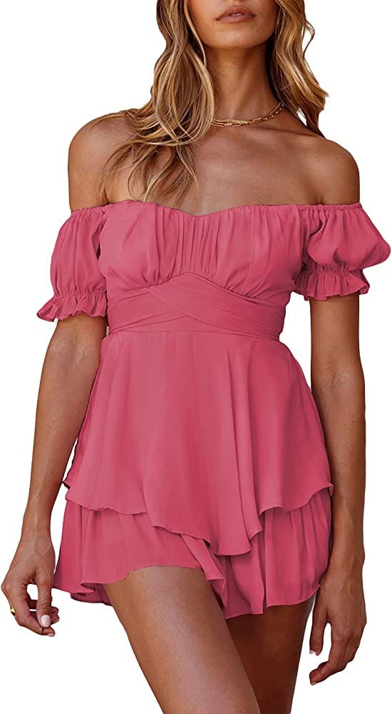 Fixmatti Women Boho Romper Off Shoulder Ruffle Chiffon Shorts Jumpsuit Playsuits | Amazon (US)