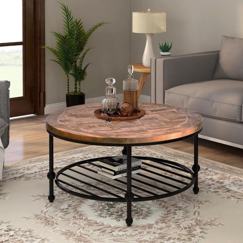 Rustic Natural Round Coffee Table with Storage Shelf for Living Room, Easy Assembly (Round) - Wal... | Walmart (US)