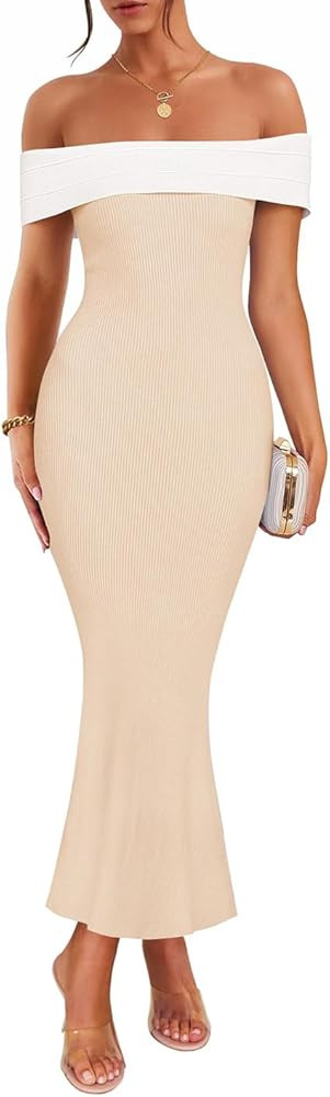 ZESICA Women's 2025 Summer Off The Shoulder Knit Maxi Dresses Sleeveless Color Block Formal Party... | Amazon (US)