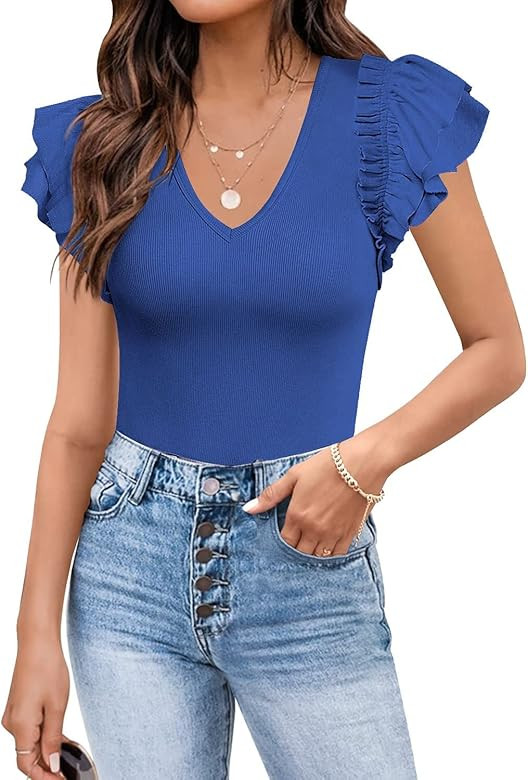 MISSJOY Womens V Neck Ruffle Short Sleeve Ribbed Slimming Basic Bodysuit Leotards Tops Blouses | Amazon (US)