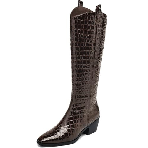 AIUNIIND Brown Knee High Boots Women Riding Boots Pointed Toe Tall Boots Chunky Heel Faux Leather Crocodile Western Pattern 9.5 | Amazon (US)