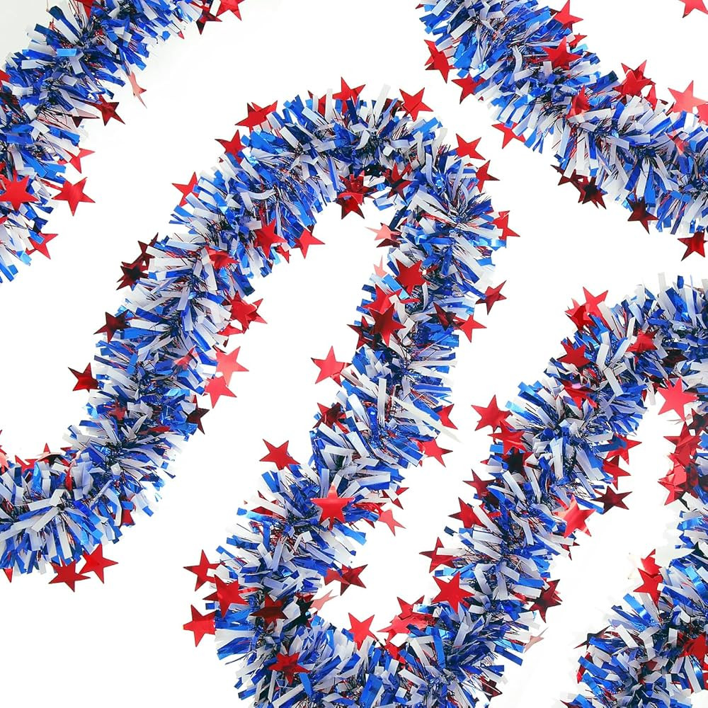 33FT 4th of July Patriotic Tinsel Garland Red White Blue Metallic Twist Foil Tinsel Garland with ... | Amazon (US)