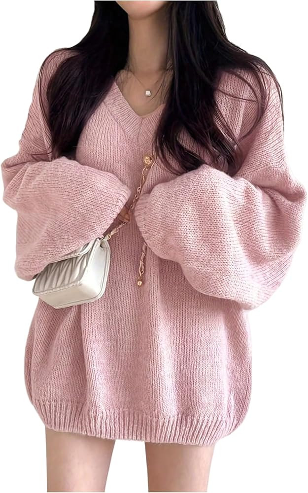 Women's V Neck Long Sleeve Sweaters Pullover Knitted Sweater Oversized Jumpers | Amazon (US)