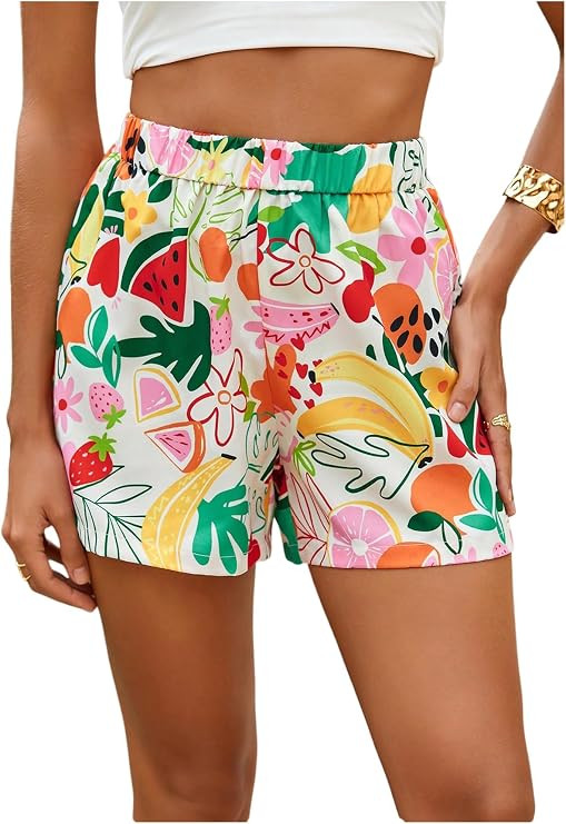Women's Fruit Print Wide Leg Shorts Elastic High Waist Vacation Holiday Summer Shorts | Amazon (US)