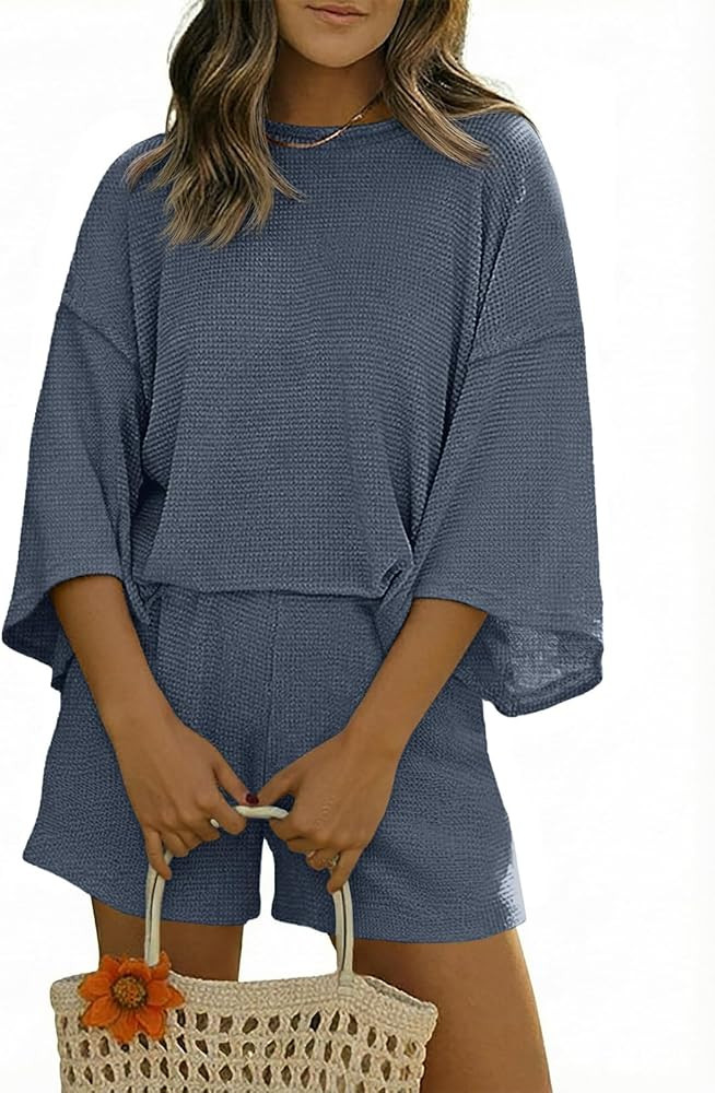 Tankaneo Womens Short Sets 2 Piece Outfits 3/4 Sleeve Tops and Elastic Waist Shorts Lounge Set Ca... | Amazon (US)