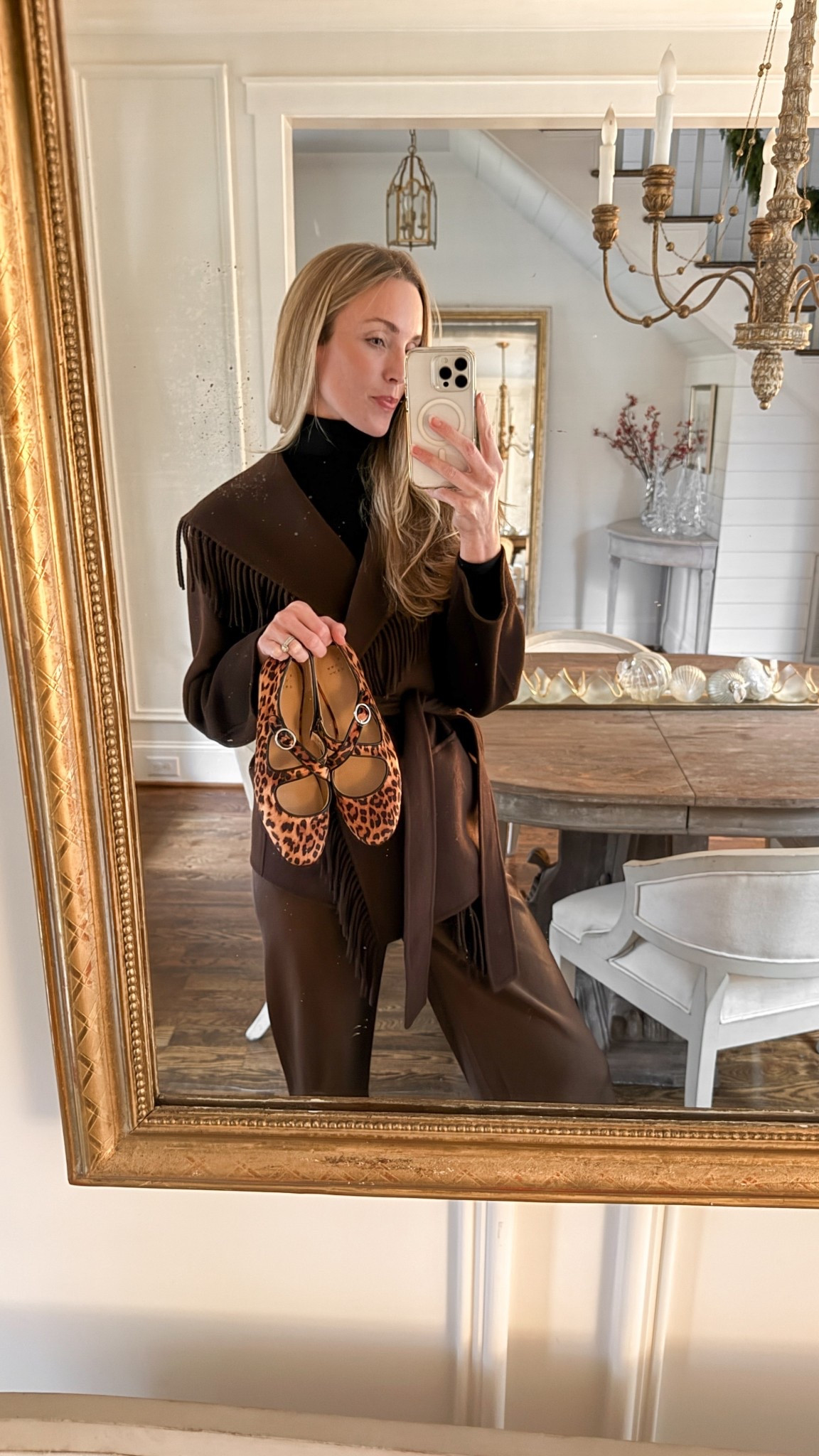 Fringe coats, satin pants, black layering turtlenecks/bodysuit, and leopard flats! Wearing S in everything and the shoes run TTS.

#LTKootd #LTKSeasonal #LTKFindsUnder50
