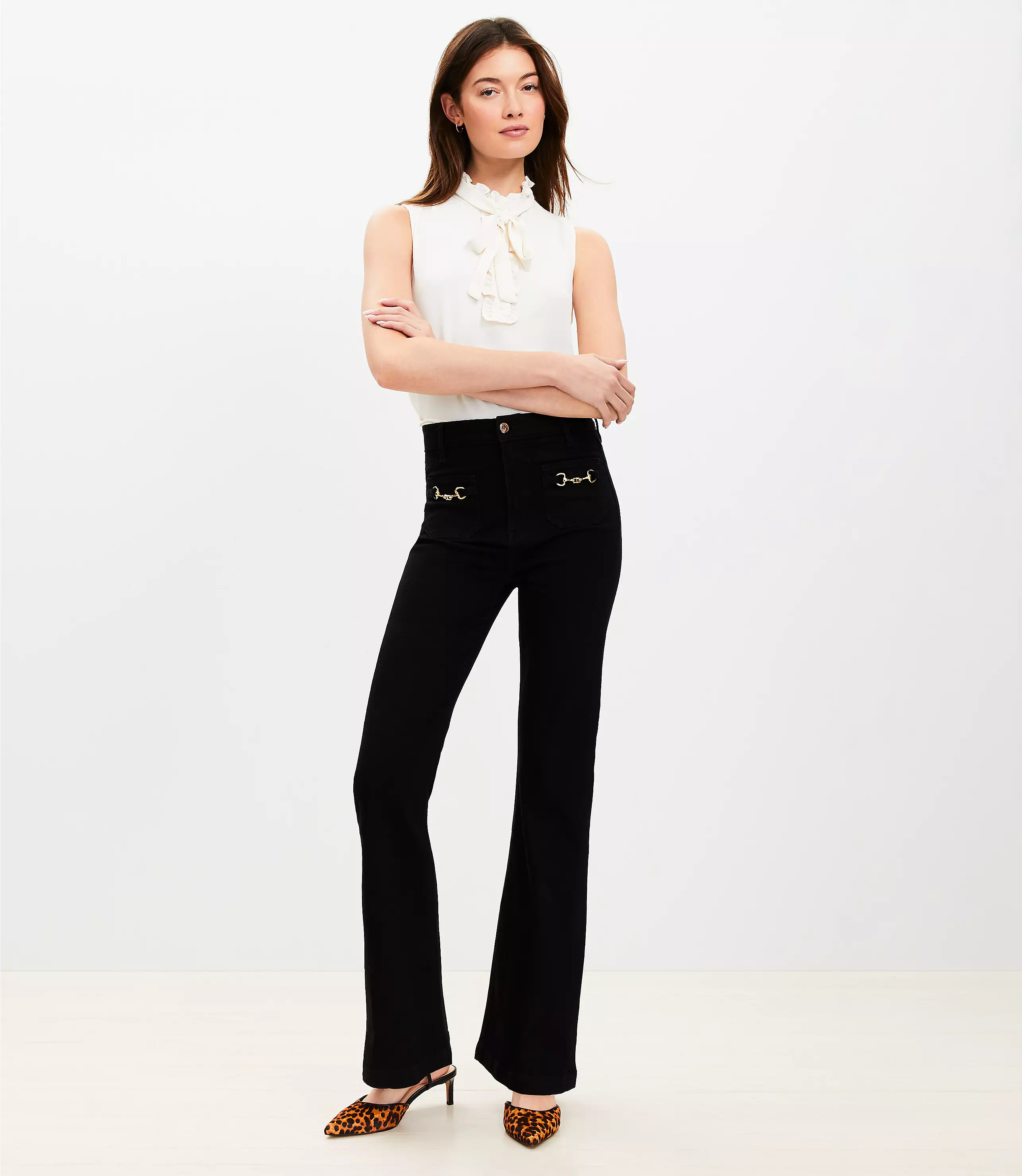 Horsebit High Rise Slim Flare Jeans in Classic Black Wash | LOFT