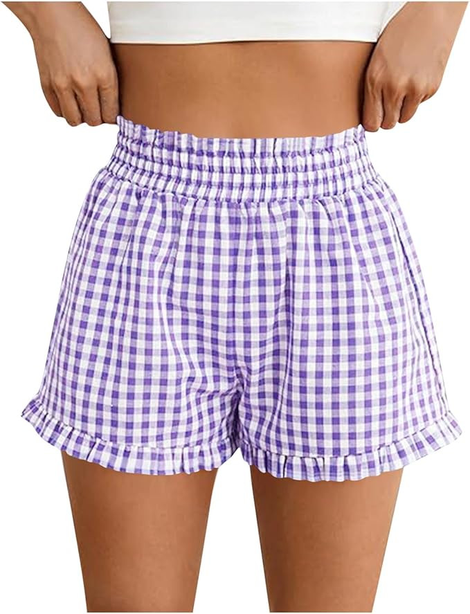 Womens Boxer Shorts Casual Summer Pajama Bottoms Lounge Sleep Pj Gingham Plaid Shorts Ruffle Hem ... | Amazon (US)