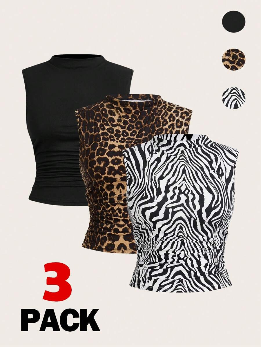 SHEIN Essnce 3pcs Plus Size Women Leopard, Zebra, Black Basic Fashion Tank Top Set Date Night Rave Chocolate Brown Black And White Summer Sexy | SHEIN