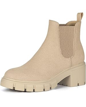 Athlefit Women's Chelsea Boots Fashion Lug Sole Chunky Heel Slip on Elastic Ankle Booties | Amazon (US)