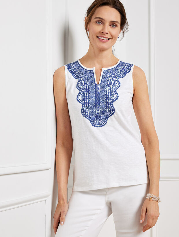 Embroidered Split Neck Shell | Talbots
