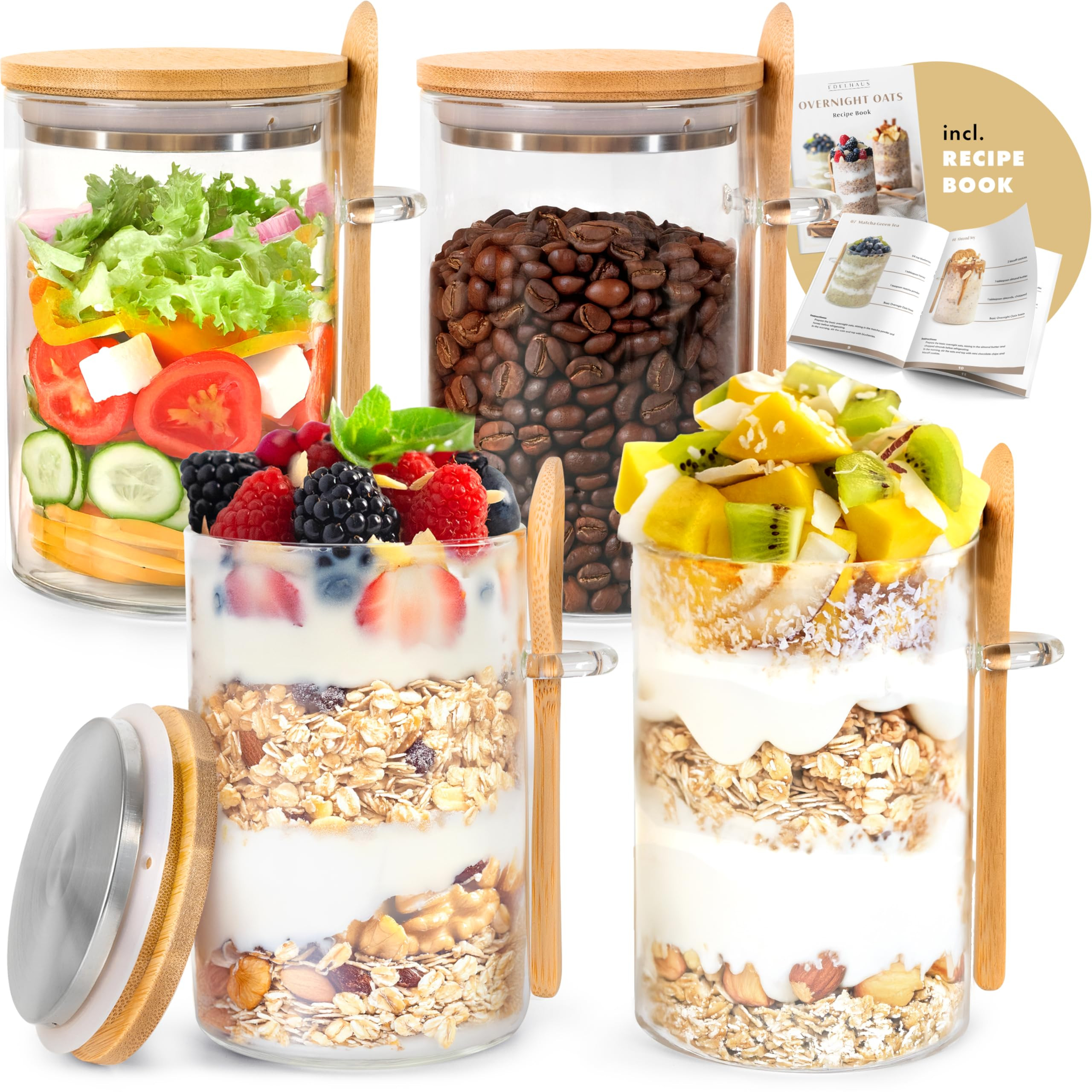 Overnight Oats Containers with Lids, Labels & Spoons (4 x 16oz) Glass Jars for Oatmeal, Meal Prep... | Amazon (US)