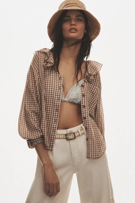 Pilcro 3/4 Sleeve Ruffle Collar Buttondown Shirt | Anthropologie (US)