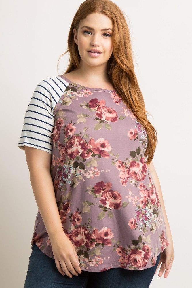 Mauve Floral Striped Sleeve Plus Top | PinkBlush Maternity