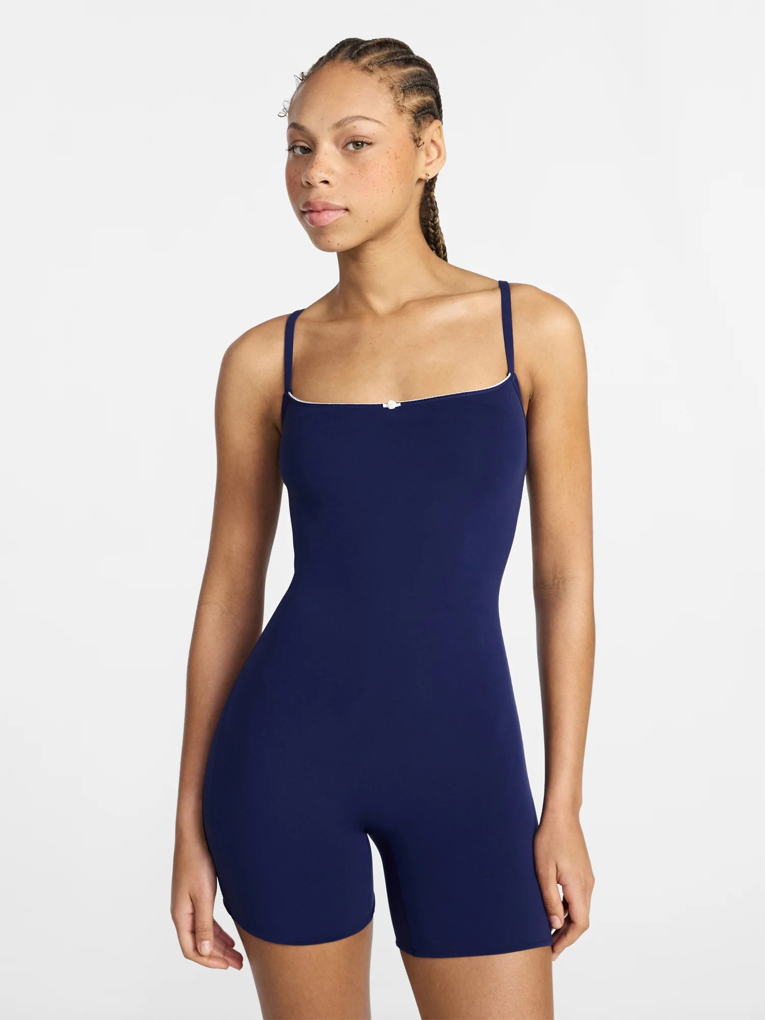 No Boundaries Fit Stretch Picot One Piece Romper, Women's XS-XXXL | Walmart (US)