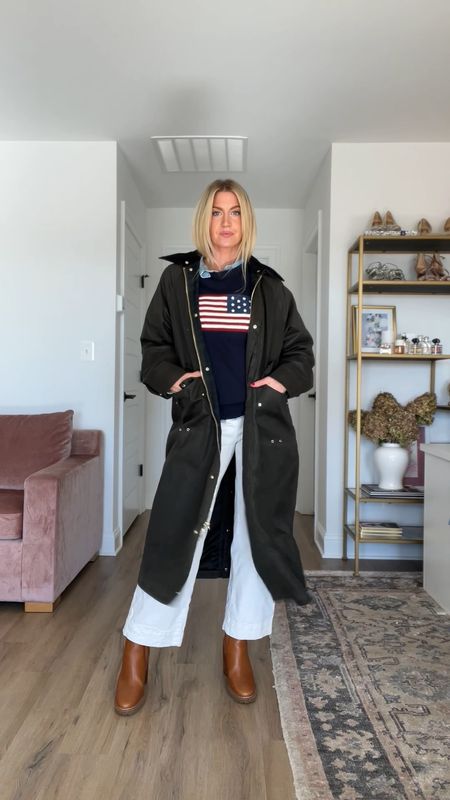 Americana inspired fall outfit - Ralph Lauren American flag sweater (wearing a S), cream wide leg denim, long wax coat from Mango  

#LTKSeasonal #LTKVideo #LTKstyletip