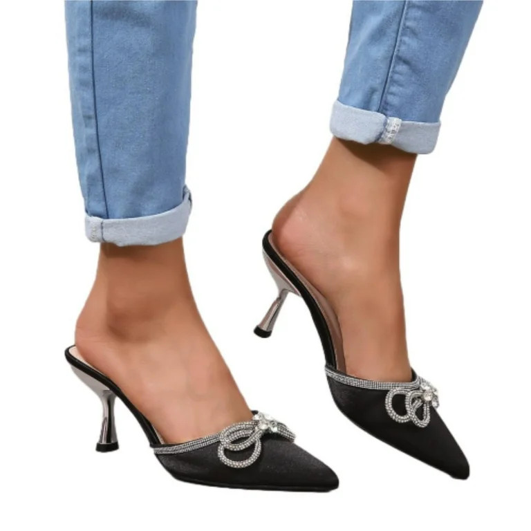 SACFOF Women's Rhinestone Bow Heels Sandals Ankle Strap Pointed Toe Stiletto Heeled Sandals Weddi... | Walmart (US)