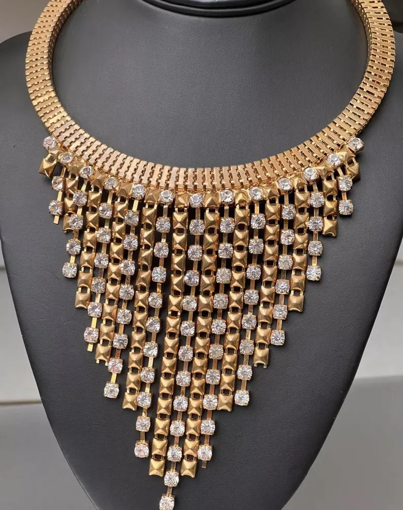 Vintage Rhinestone Waterfall Bib Necklace, Mesh Omega Collar, Fluid Dangling Movement | Etsy (US)