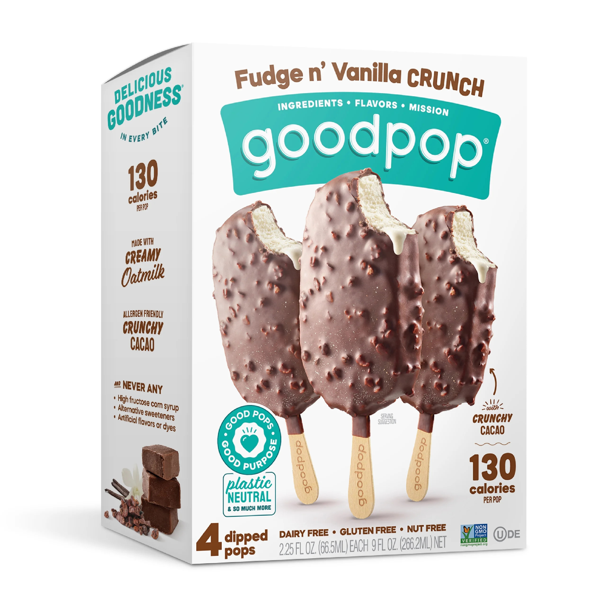 GoodPop Fudge n' Vanilla Crunch Dairy-Free Oat Milk Frozen Dessert Bars, 4 CT | Walmart (US)
