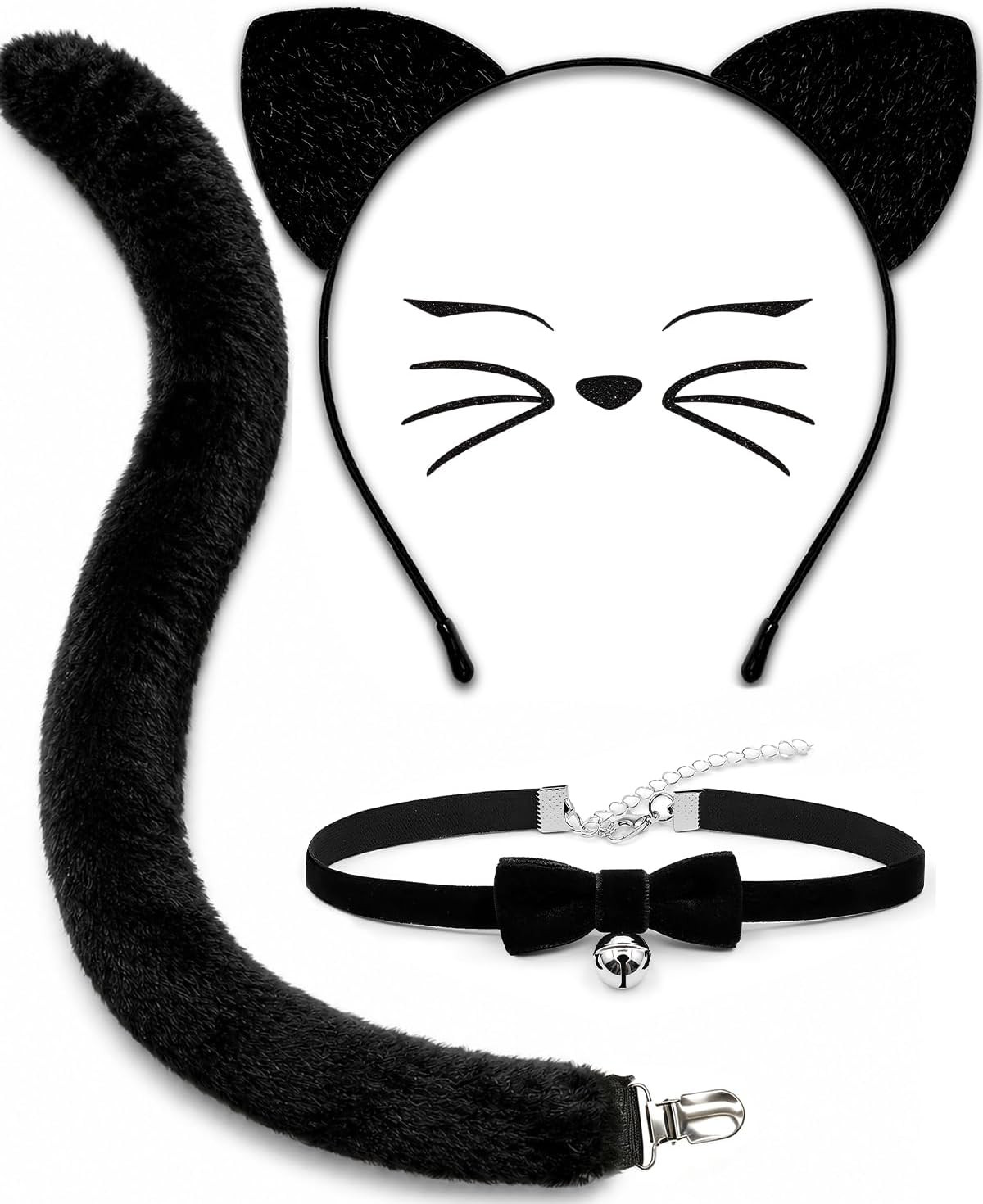 MUKOSEL Cat Ears Headband and Tail Bell Collar Set, Cat Costumes for Women Girls Black Cat Ears and Tail Set, Cat Costume Accessories Halloween Party Cosplay Costumes Set for Adults Women Girls | Amazon (US)
