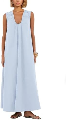 Women Flowy Maxi Dress Ruched Sleeveless Long Dress Vacation Fashion Summer Casual Loose Fit Sund... | Amazon (US)