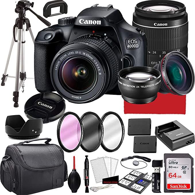 Canon EOS 4000D DSLR Camera with 18-55mm f/3.5-5.6 Zoom Lens, 64GB Memory,Case, Tripod and More (... | Amazon (US)