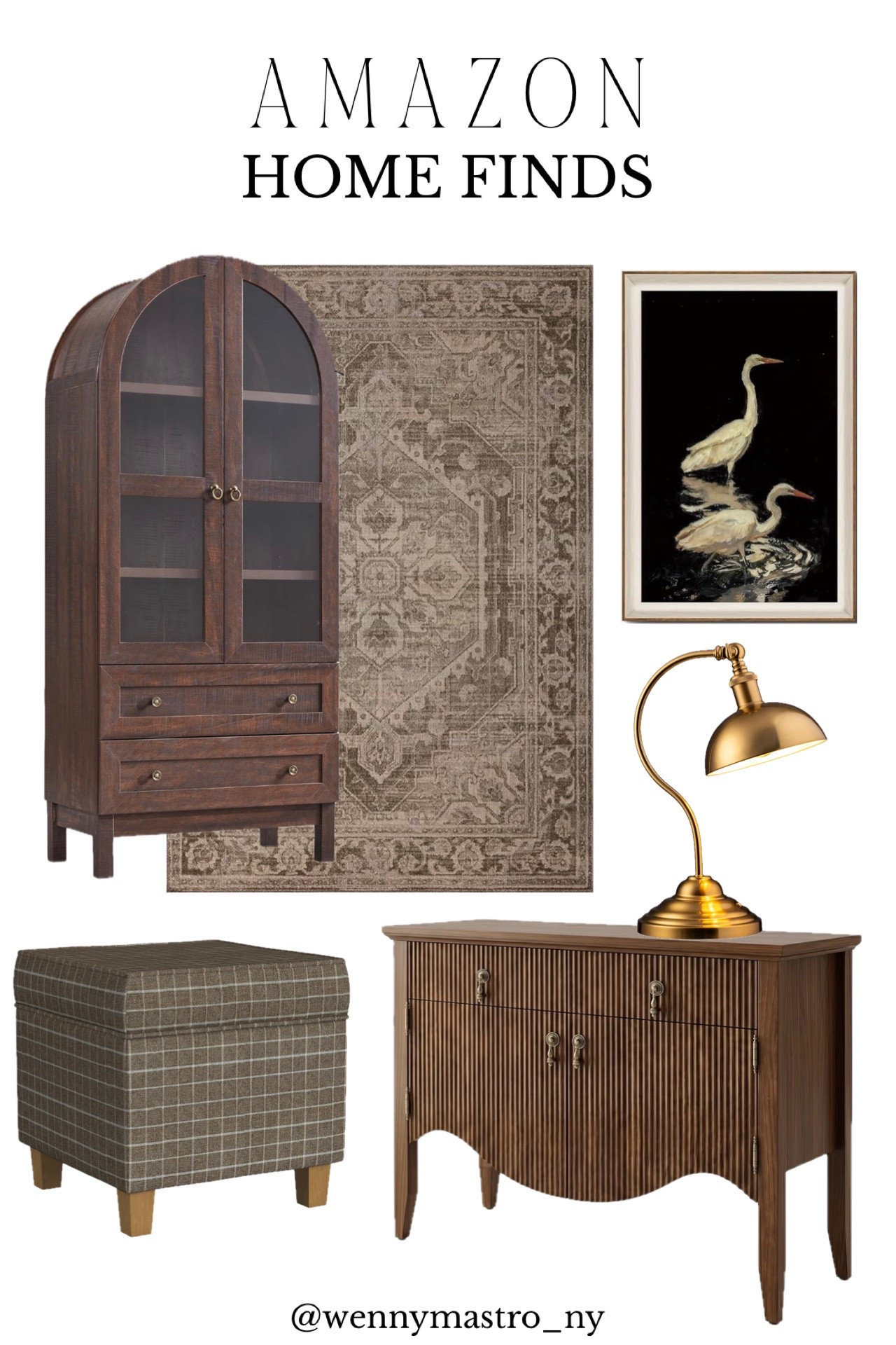 Brown Arched Cabinet, buffet cabinet, ottoman, table lamp, wall art

#LTKHome