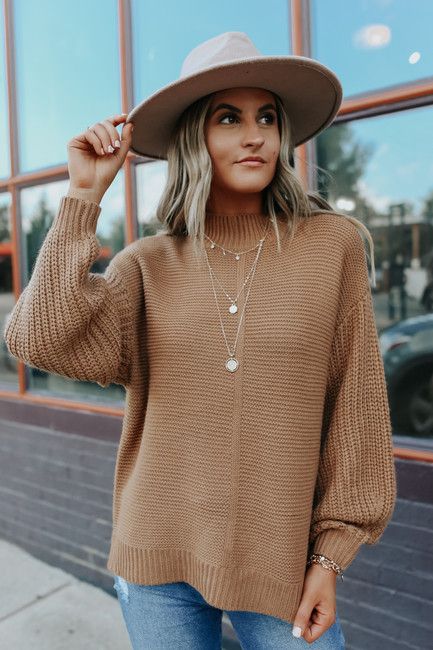 Mock Neck Camel Seam Detail Sweater | Magnolia Boutique