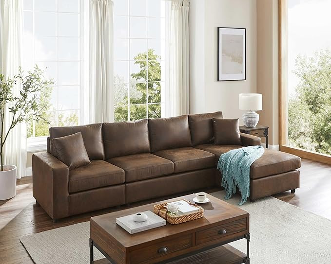 116'' Faux Leather Sectional Sofa, L-Shaped Five-Seat Living Room Sofa Couch, Chaise Longue on Th... | Amazon (US)