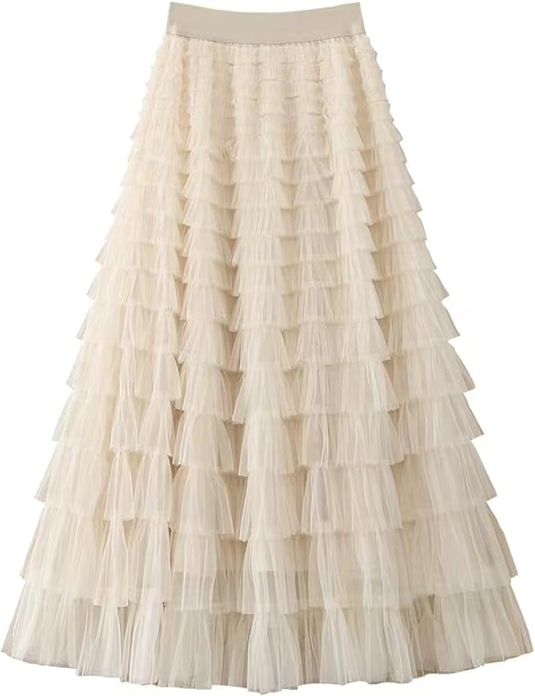 Women’s Layered Ruffles Tulle Skirt Pleated High Waist Fluffy Maxi Skirt Fairy Cake Dress Long ... | Amazon (US)