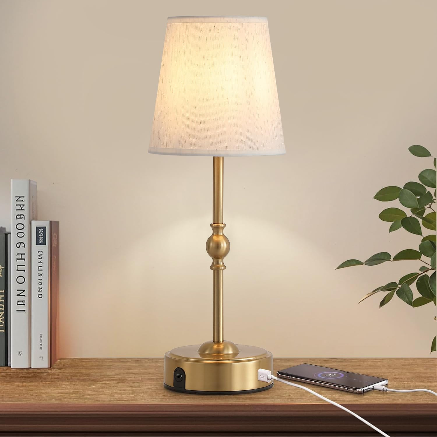 Cordless Rechargeable LED Table Lamp with Dimmer,Nightstand Lamp with USB Port,Antique Brass Port... | Amazon (US)
