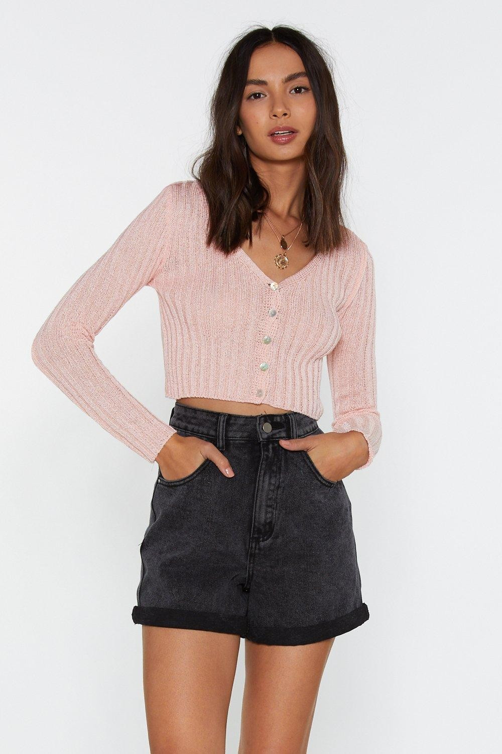 Pink Cropped Button-Down Cardigan in Ribbed Knit | NastyGal (US & CA)