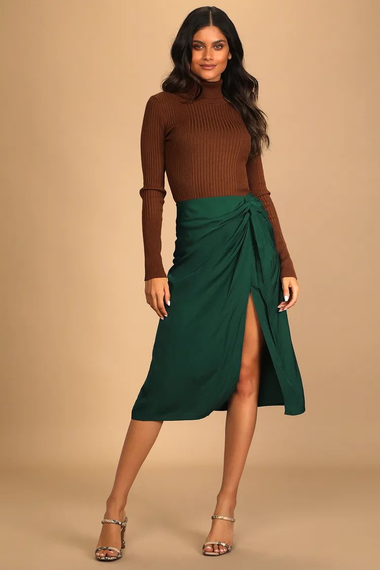 Always a Twist Emerald Green Satin Twist Front Midi Skirt | Lulus (US)