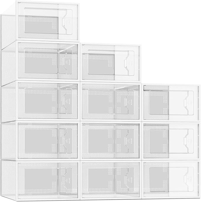 12 Pack Shoe Storage Box, Clear Plastic Stackable Shoe Organizer for Closet, Space Saving Foldabl... | Amazon (US)